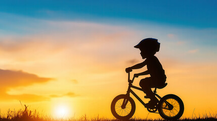 Fototapeta premium Kids' Balance Bike Adventure, a young boy mastering balance on a sleek silhouette bike, joyfully practicing with a steady foot and no spinning wheels, an essential step in cycling.
