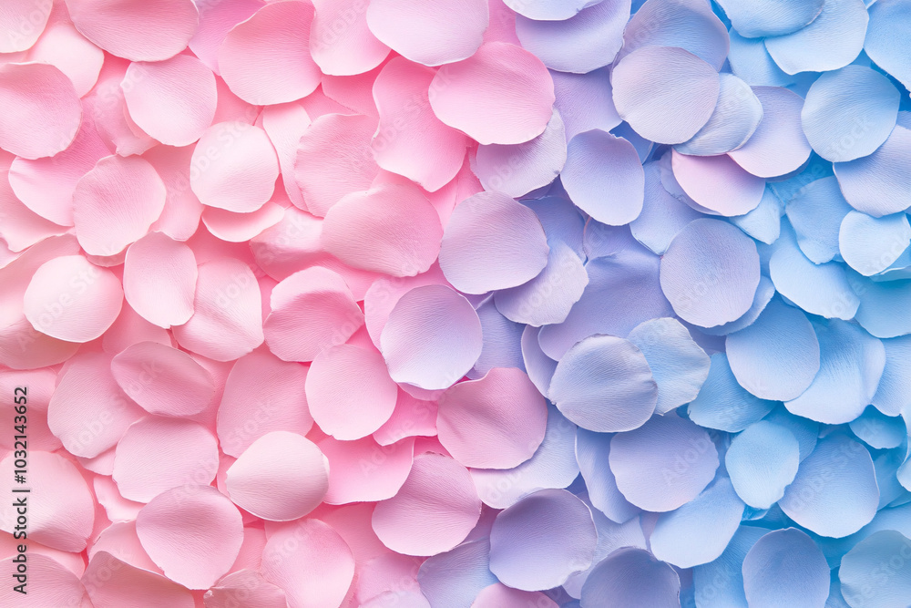Poster a soft gradient of overlapping pink and blue flower petals, creating a delicate, textured pattern th