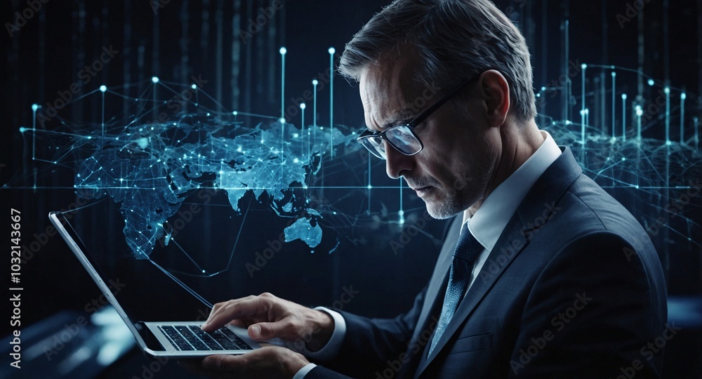 Poster the businessman using a tablet in a silhouette double exposure. in the background is network of glow