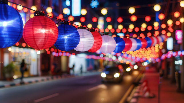 Vibrant street adorned with festive red, white, and blue lights, celebrating Malaysia Day, symbolizing national unity and cultural pride.