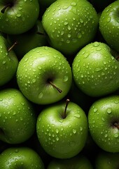 Fresh green apples glistening with water droplets in a vibrant arrangement on a dark surface