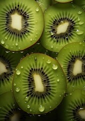 Freshly sliced kiwi fruit arranged with droplets of water creating a vibrant display in natural light