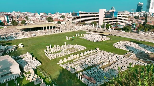 izmir agora ancient city - high quality aerial view of izmir agora from drone - smyrna agora