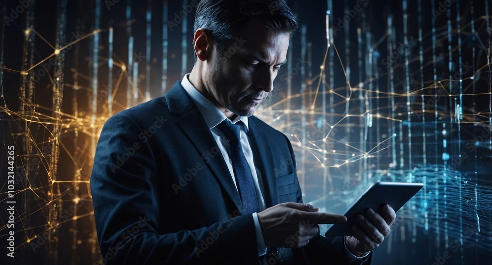 Poster the businessman using a tablet in a silhouette double exposure. in the background is network of glow