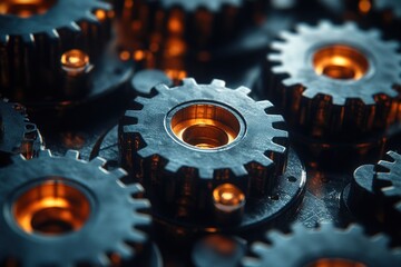 A close-up of metal gears interlocked, glowing orange in the center.
