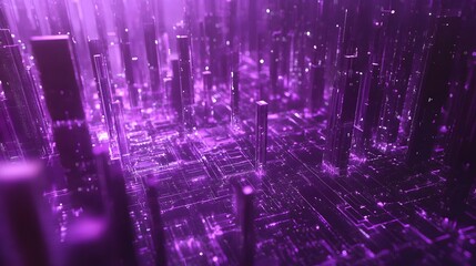 A computer chip is shown in a cityscape with purple buildings. The chip is surrounded by a network of wires and circuits, and it is the center of the city. Concept of technology and innovation