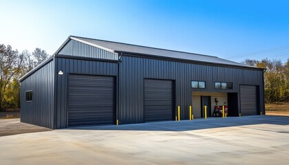 Fototapeta premium Modern steel commercial garage building with roll-up doors in a tranquil setting