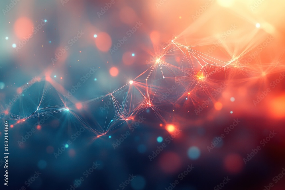 Poster abstract background with interconnected lines and glowing particles in shades of blue and orange.