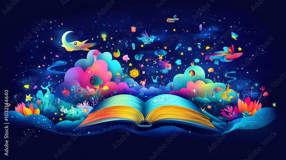 Poster vibrant flat design cartoon for world book day with an open book at the center colorful stories and 
