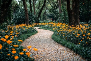 Stone Path Through a Forest of Trees and Yellow Flowers