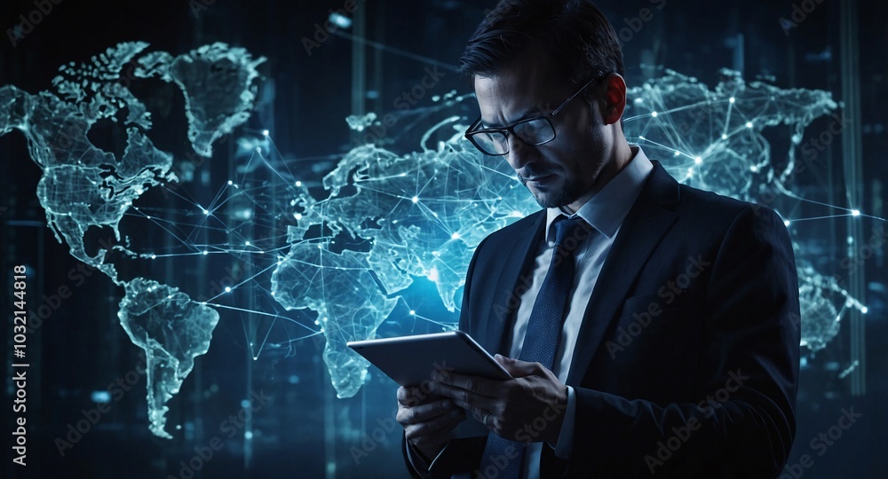 Poster the businessman using a tablet in a silhouette double exposure. in the background is network of glow