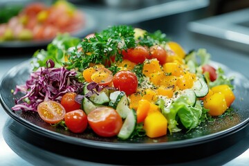 Fresh vegan salad with mango, cherry tomato, cucumber and pumpkin on black plate