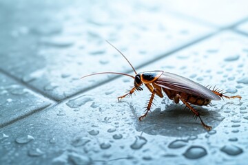 Close-up of a Cockroach on Wet Surface