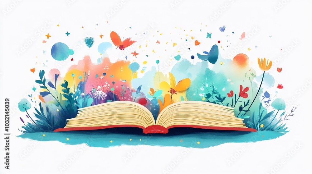 Poster vibrant flat design cartoon for world book day with an open book at the center colorful stories and 
