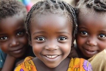 Three african children smiling and posing together for portrait