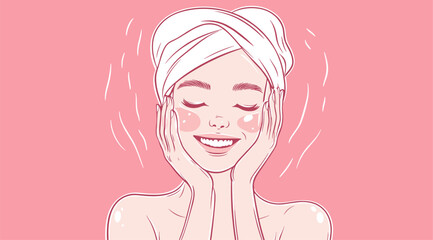 vector portrait girl on head towel hands hug face pink background .Generative AI