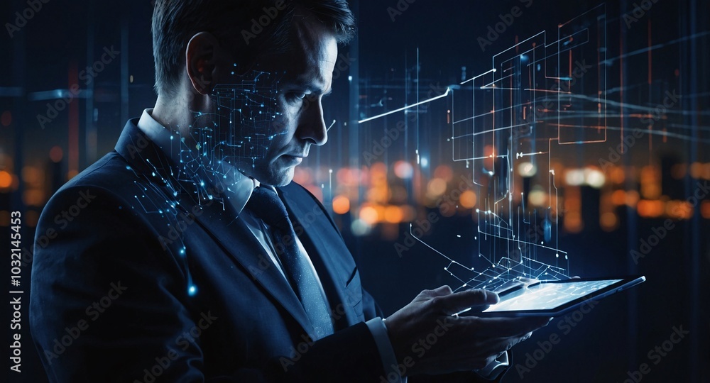 Poster the businessman using a tablet in a silhouette double exposure. in the background is network of glow
