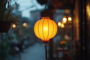 Round paper lantern hanging in a street at twilight