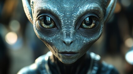Hyperrealistic depiction of an extraterrestrial being with large eyes, gray skin, and subtle emotions. The alien is wearing a dark, textured uniform