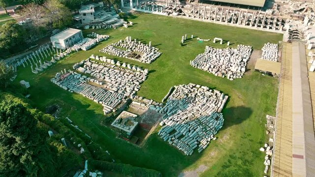Izmir agora ancient city - high quality aerial view of izmir agora from drone - smyrna agora
