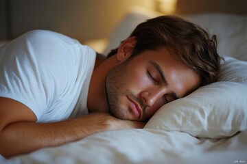 Young man sleeping peacefully in bed at night