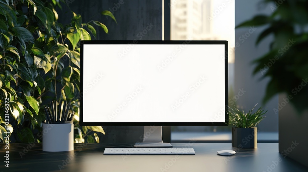 Poster desktop computer mockup with blank screen