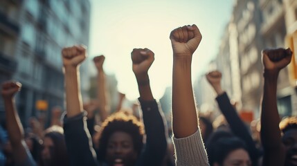 Fototapeta premium A diverse group of people raises their fists in solidarity during a powerful protest. The image captures the emotion and unity of individuals striving for social change and justice.