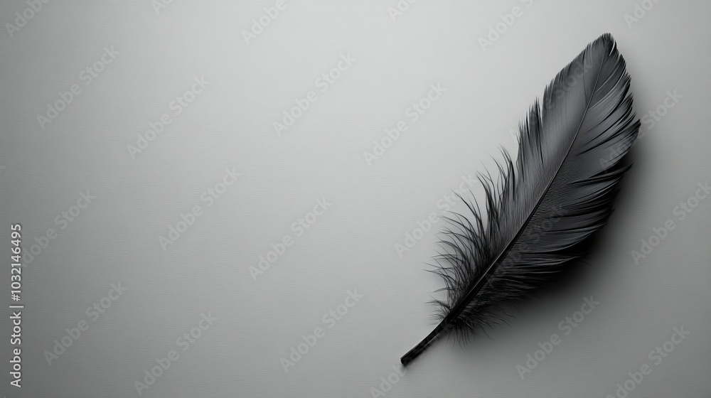 Poster black feather lies on a gray background, creating a minimalist and elegant composition. the image ev