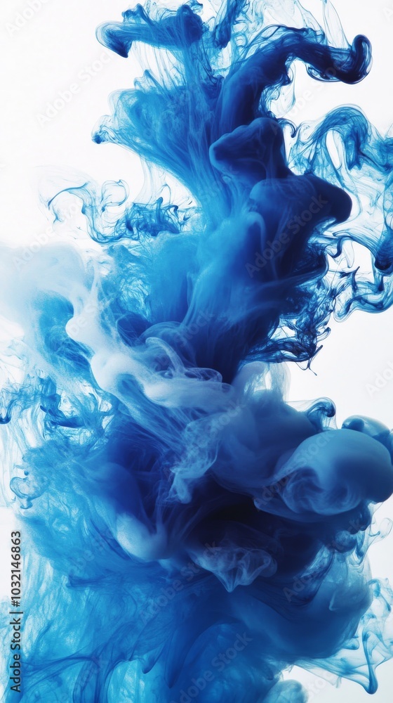 Poster blue ink is dissolving in water, creating abstract shapes against a white background. the image prov