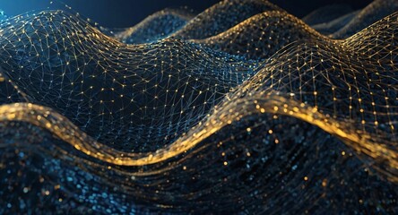 Wave of dots and weave lines. Abstract blue background for design on the topic of cyberspace, big data, met averse, network security, data transfer on dark blue abstract cyberspace background