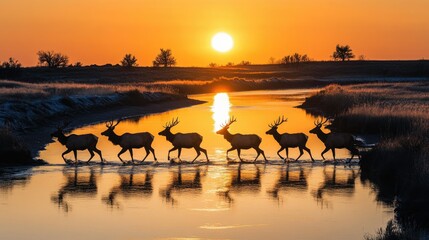 Group of elk crossing a shallow river at sunrise, their silhouettes reflected in the still water.