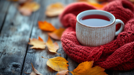 A cozy composition featuring a knitted scarf, warm socks, a cup of mulled wine, and autumn leaves scattered across a rustic table.