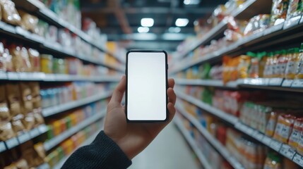 A hand holds a smartphone displaying a blank screen in a grocery aisle. The vibrant shelves filled with products create a modern shopping environment. Perfect for technology and lifestyle themes.
