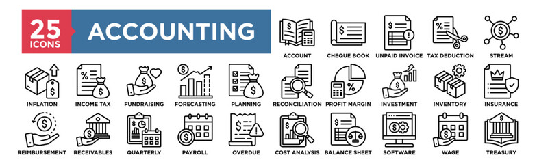 Accounting icon collection set. Containing design finance, tax, accounting, analysis, report, business, financial