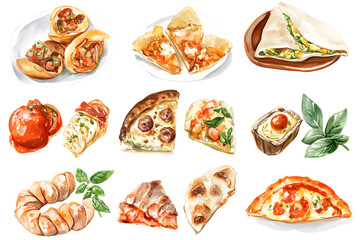 Watercolor collection of Italian food isolated on white background
