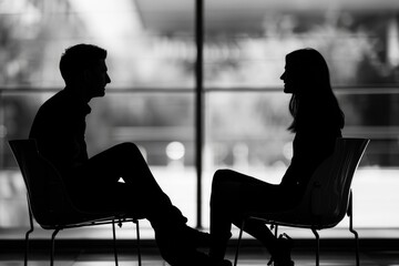 A pair of individuals sitting in chairs, looking directly at each other