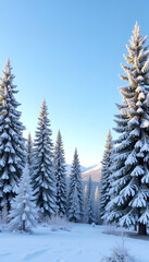 Obraz premium Majestic snow-covered pine forest landscape against clear blue sky