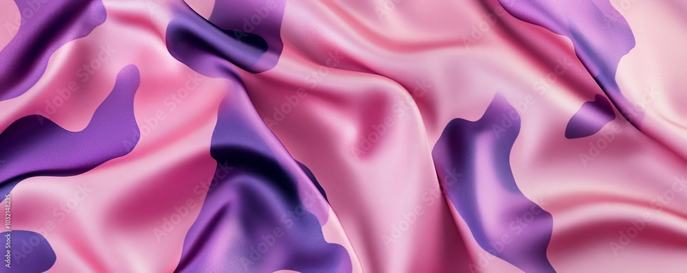 Poster smooth satin fabric with military camouflage pattern is flowing in soft waves. the fabric is ideal f