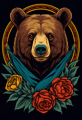 Fierce bear portrait with floral accents in circular frame