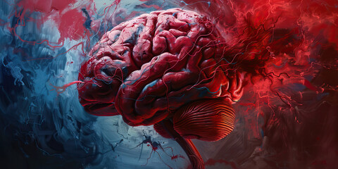 An abstract painting of a brain, highlighting the neural connections and stress responses, in hues of deep red and cool blue.