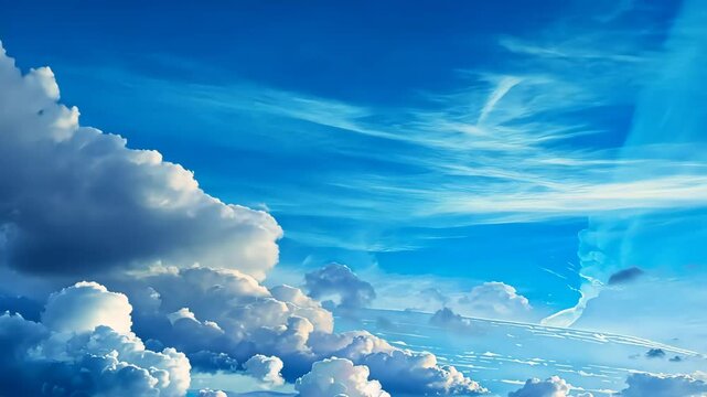Cumulus clouds against a bright blue sky, daytime serenity. Weather and nature concept.