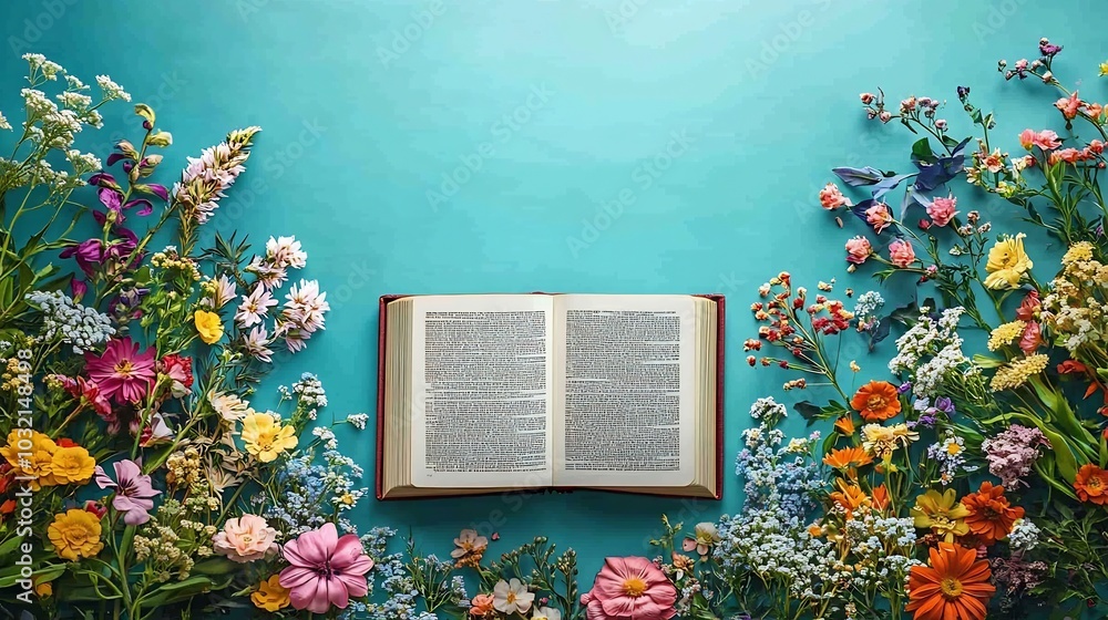 Poster vibrant flat lay design for world book day featuring an open book surrounded by colorful floral elem
