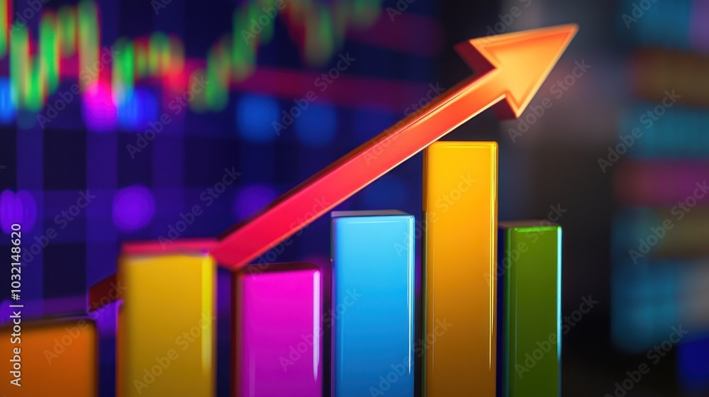 Poster upward trend: a 3d bar graph with an arrow pointing upward