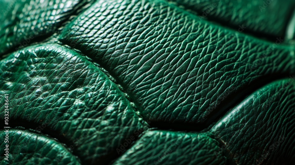 Poster background image of green leather with visible texture and seams, emphasizing the craftsmanship and 