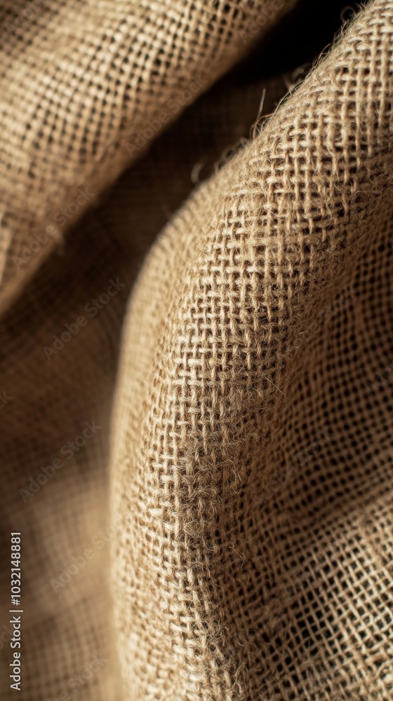 Poster close-up view of folded burlap fabric with intricate texture and fibers, creating cozy rustic backgr