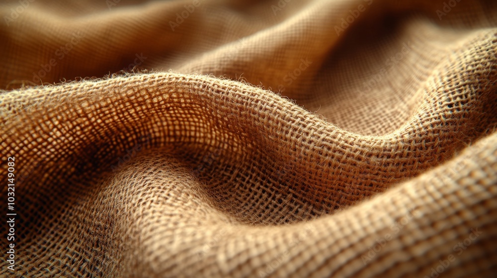 Poster close-up view of beige burlap fabric with intricate details, creating textured background with wavy 