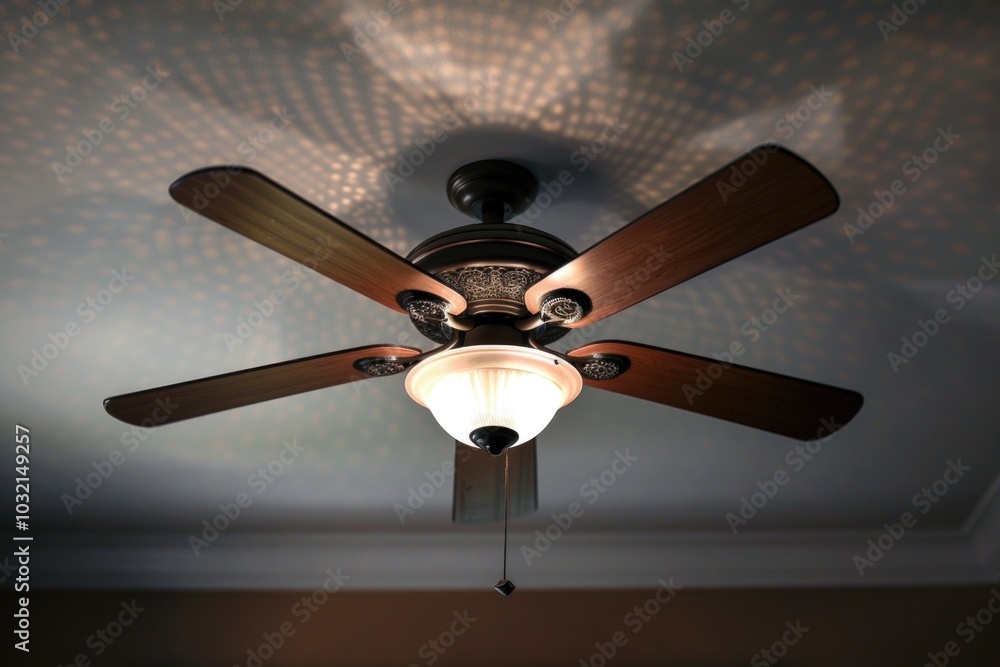 Poster a modern ceiling fan with a built-in light source, suitable for interior design and architecture pro