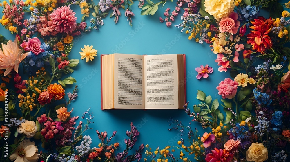Poster vibrant flat lay design for world book day featuring an open book surrounded by colorful floral elem