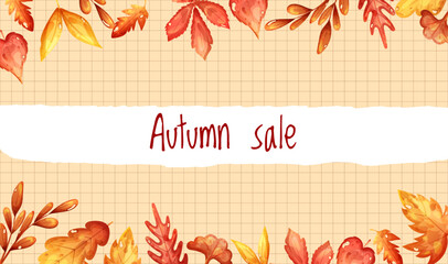 Autumn sale banner template with dry yellow leaves. Vector illustration