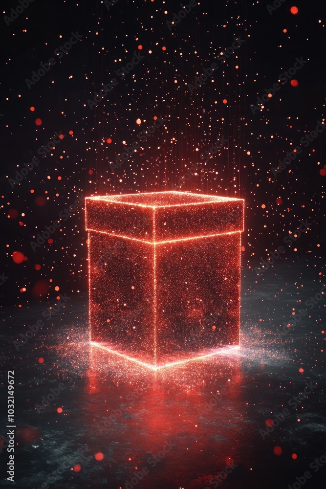 Poster glowing red cube with sparkling particles around it
